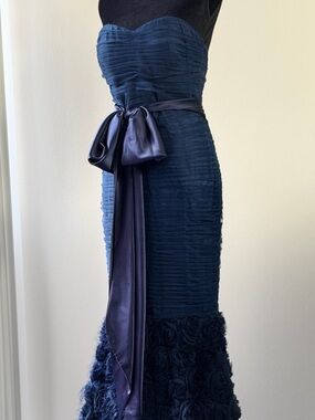 JS Collection Gown Navy Textured Mermaid Skirt with Satin Sash